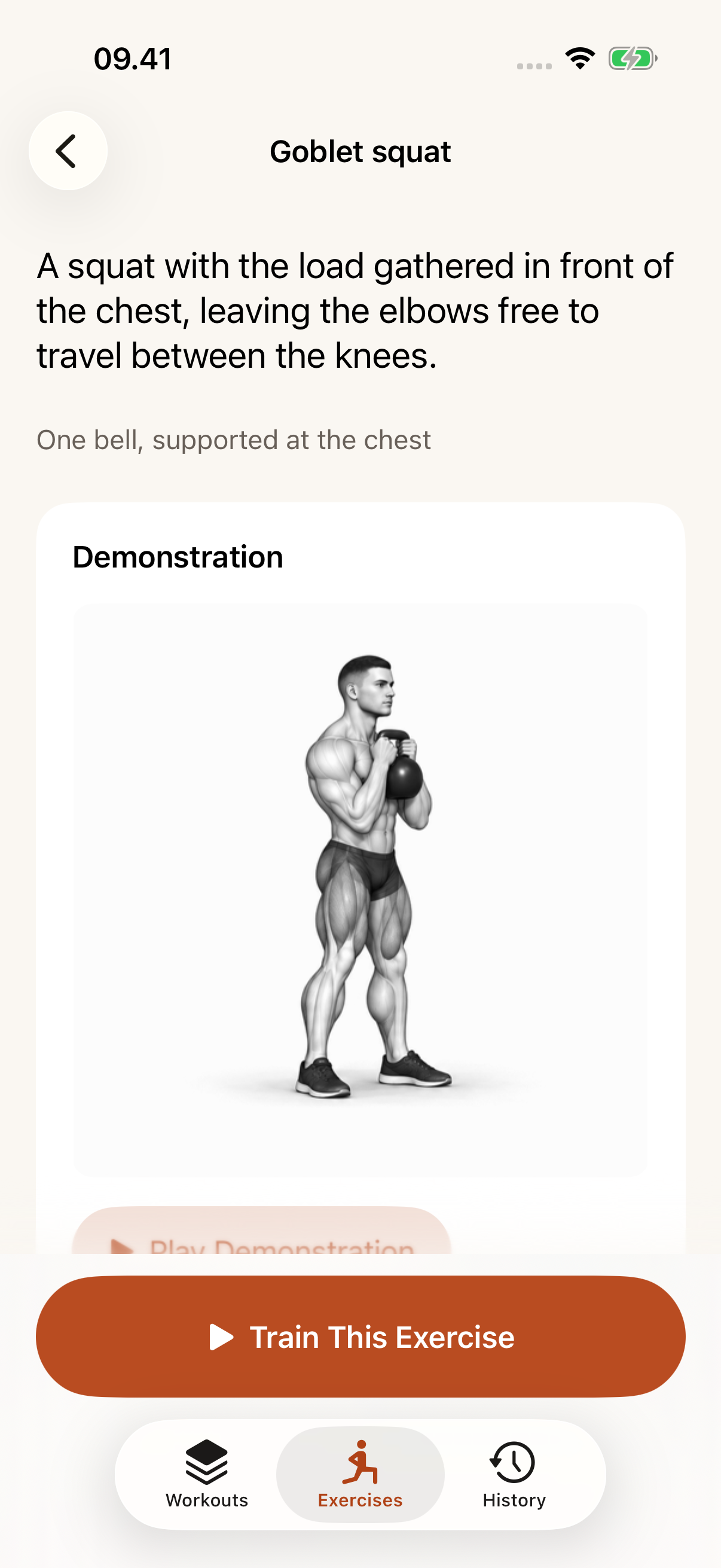 Goblet squat guide with an illustrated demonstration and training action
